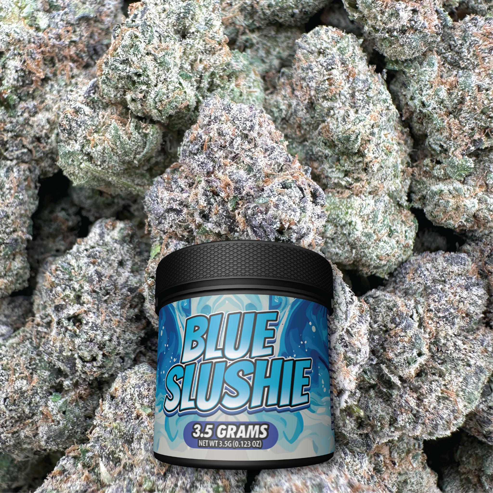 Container labeled 'Blue Slushie' surrounded by cannabis buds