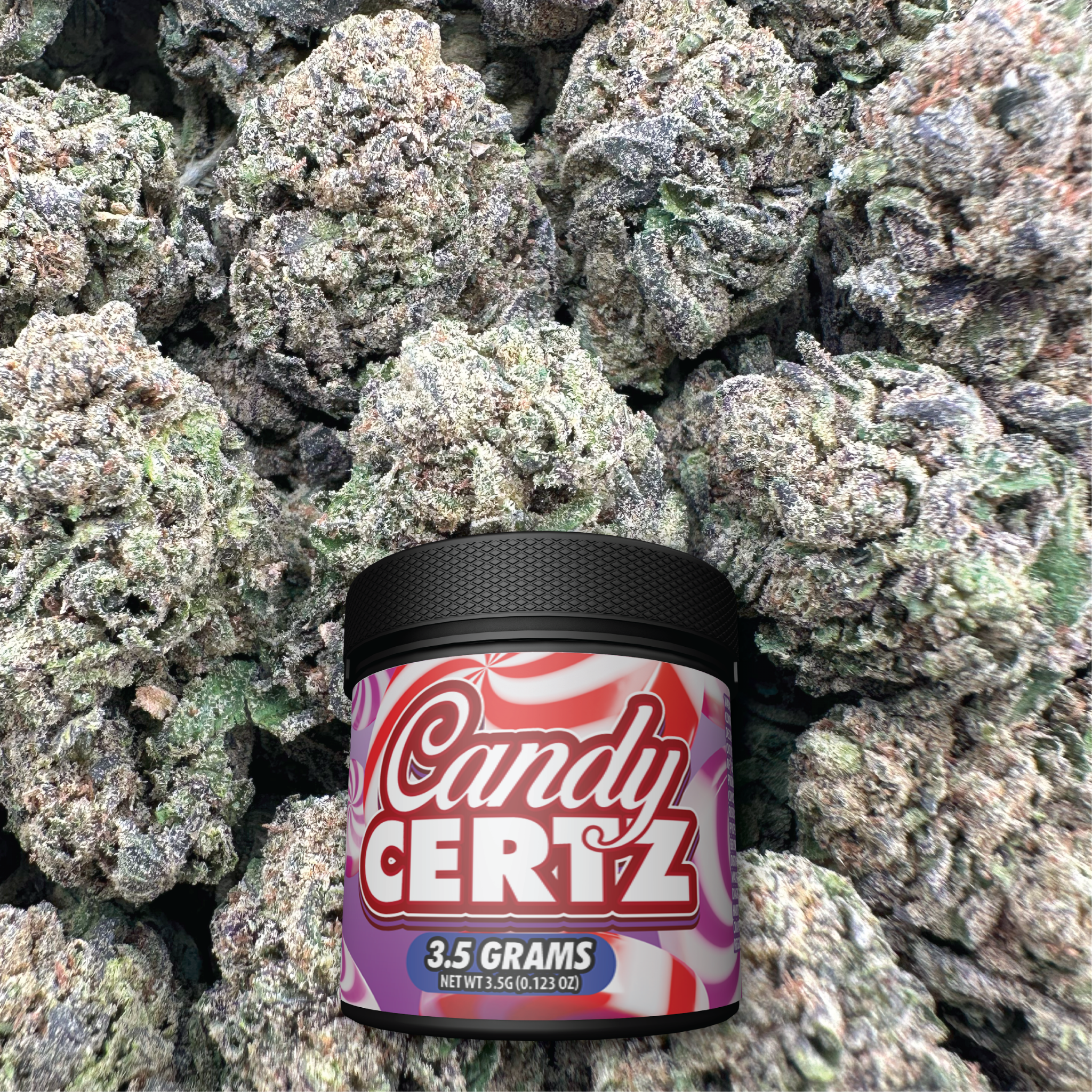 Jar of 'Candy Certz' on a background of buds