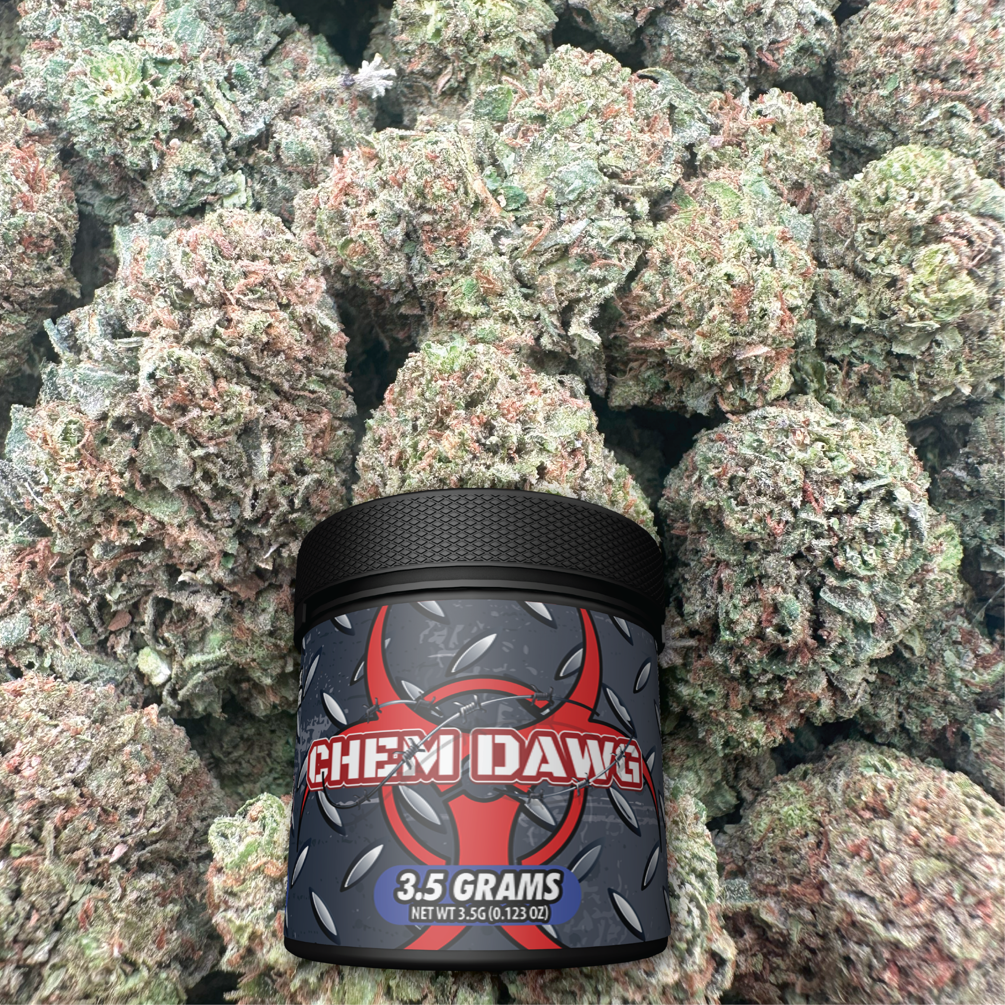 Jar labeled 'Chem Dawg' on a bed of buds