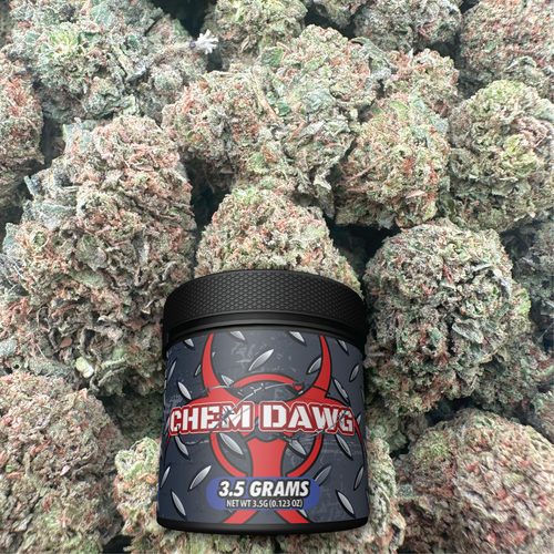 Jar labeled 'Chem Dawg' on a bed of buds
