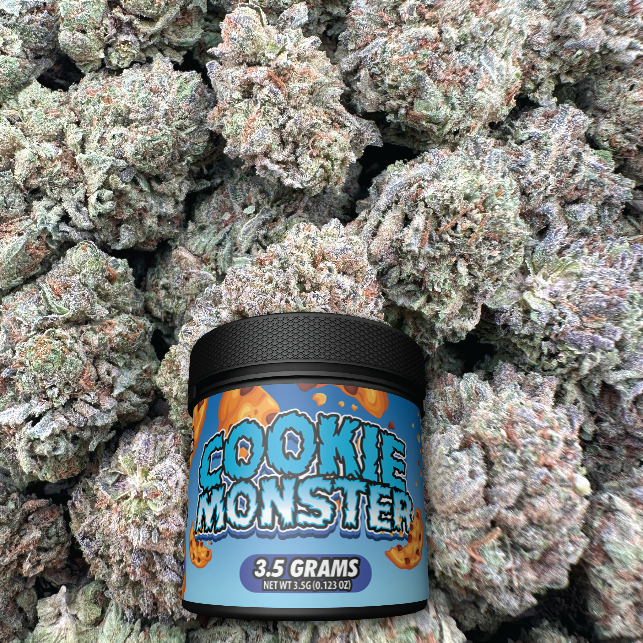 Jar labeled 'Cookie Monster' surrounded by buds
