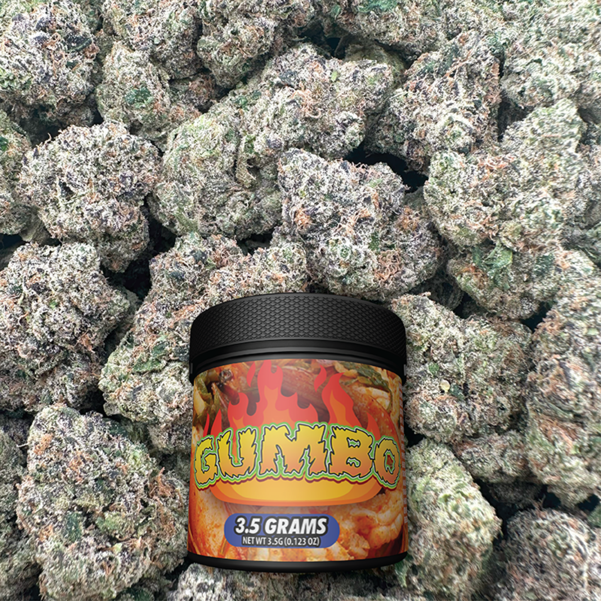 Jar of Gumbo product surrounded by buds