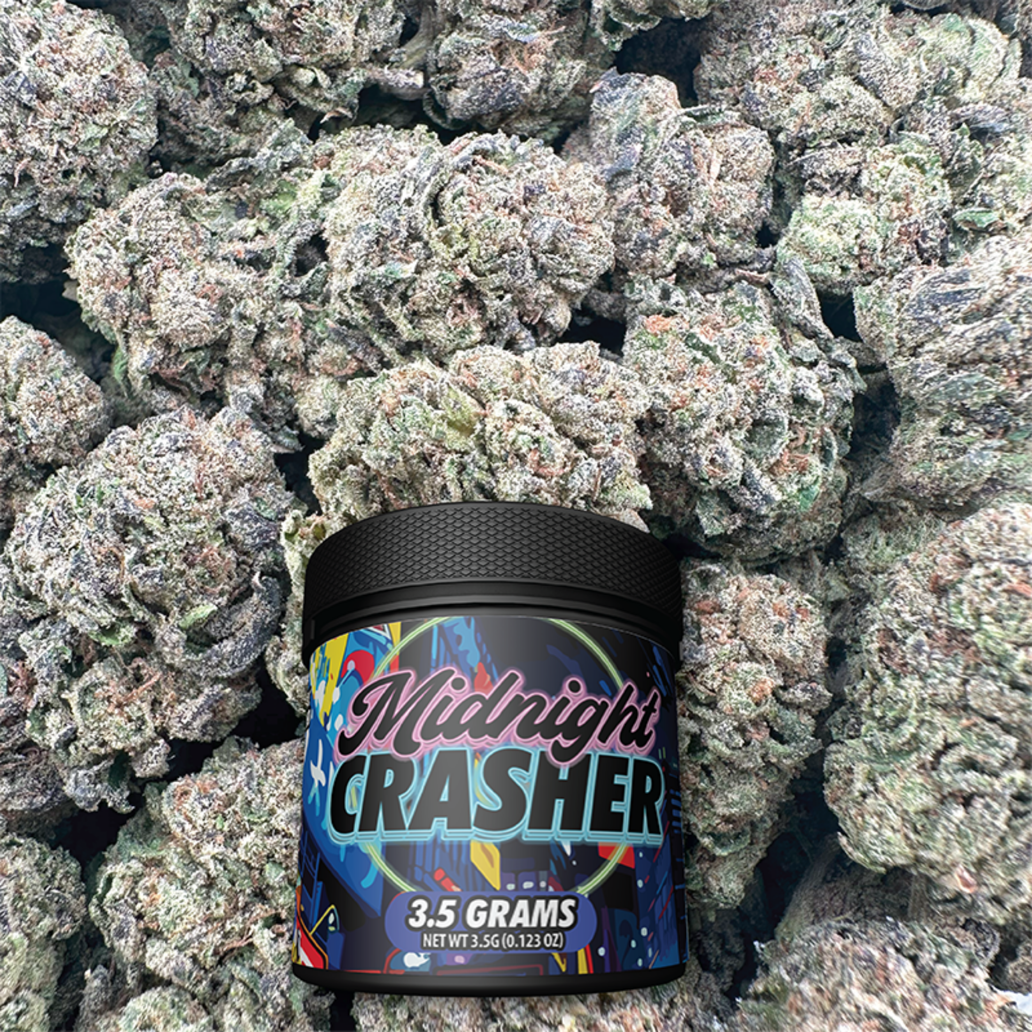 Jar of 'Midnight Crasher' surrounded by buds