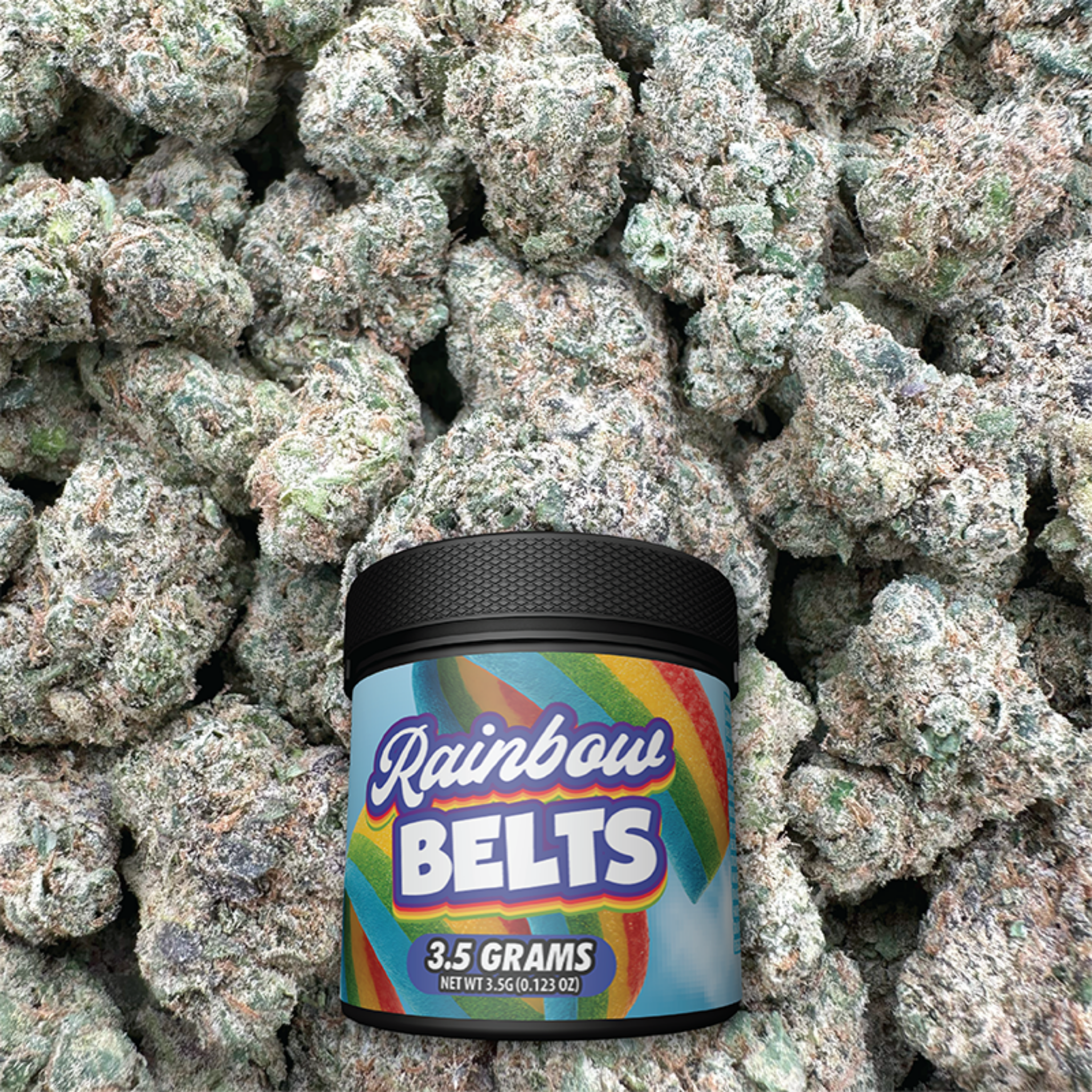 Jar of 'Rainbow Belts' candy on a background of green flower