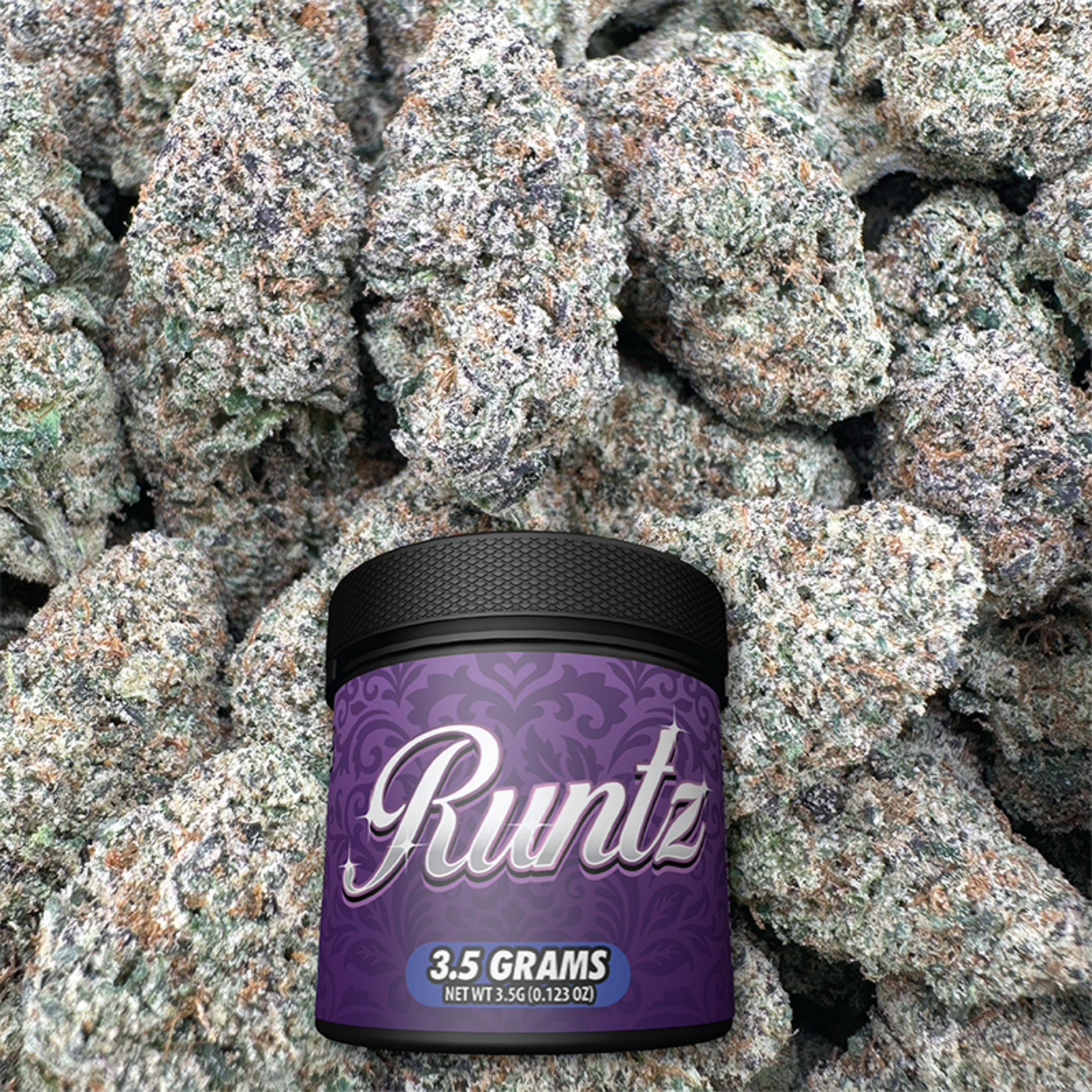 Purple container labeled 'Runtz' on a background of buds