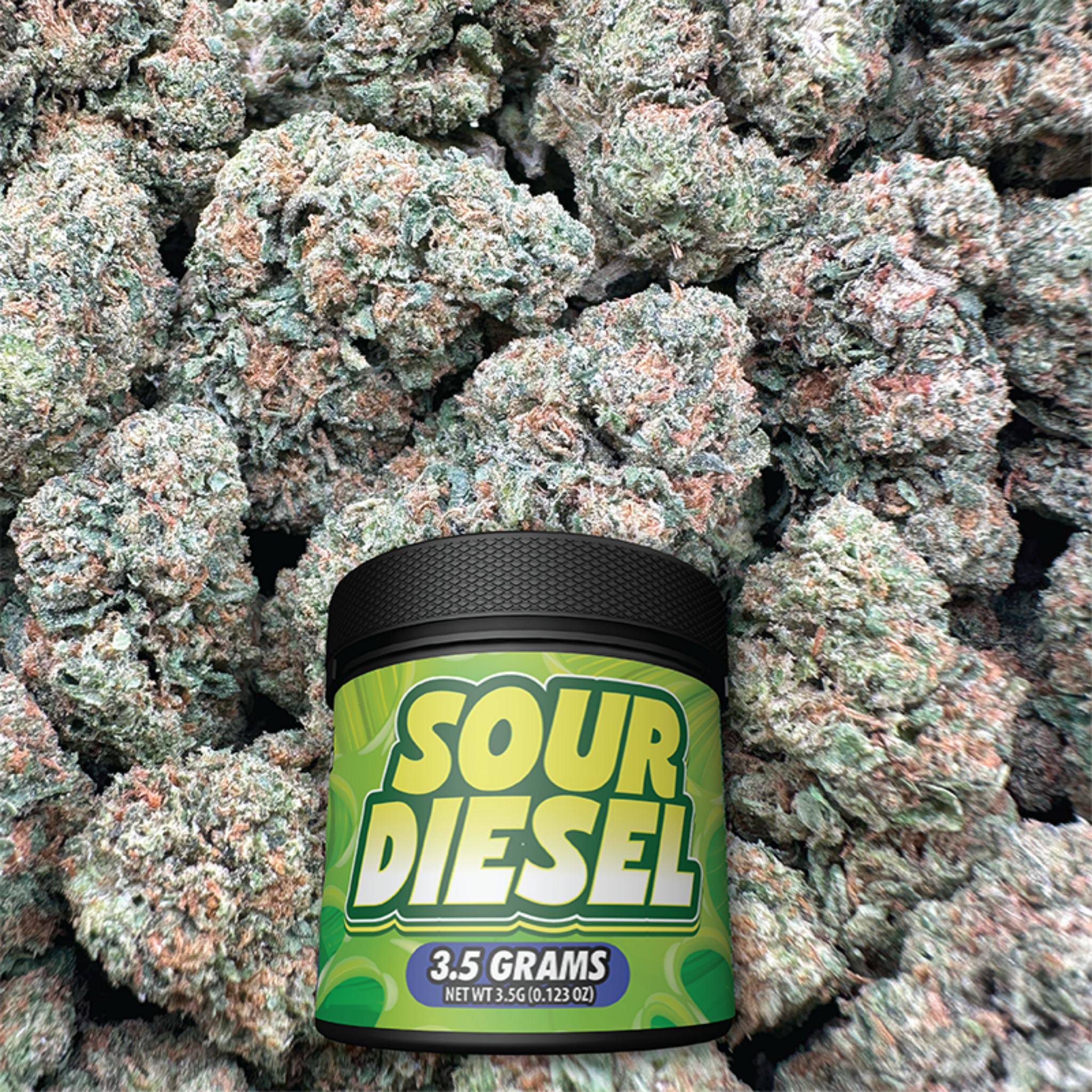 Sour Diesel container with buds in the background